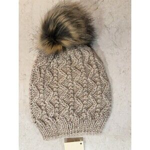 Nardi & Tagliaferri womens Beige Faux Fur Pom Beanie Alpaca Wool Hat Cap Italy